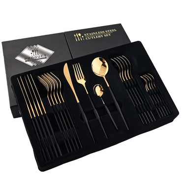 24-Piece Golden-Black Matte Spoon Set – Round Shape