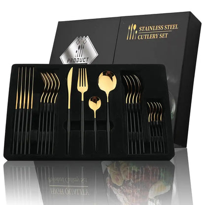 24-Piece Golden-Black Matte Spoon Set – Round Shape