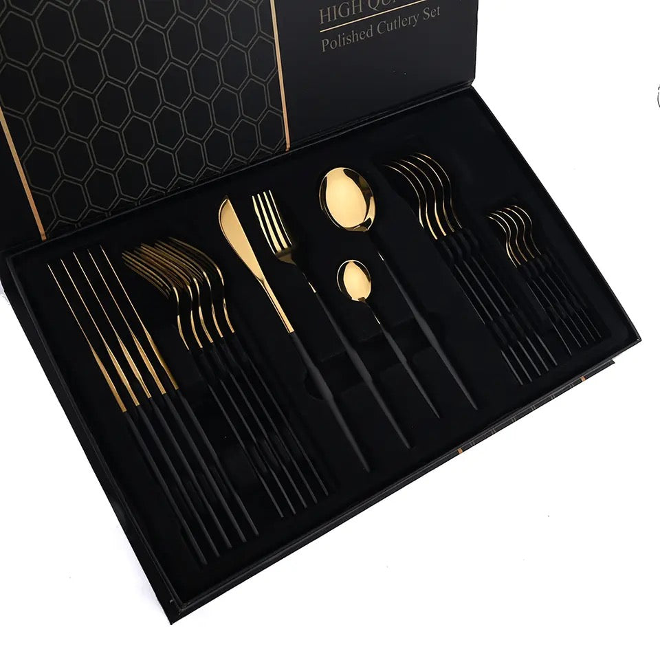 24-Piece Golden-Black Matte Spoon Set – Round Shape
