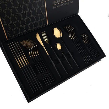 24-Piece Golden-Black Matte Spoon Set – Round Shape