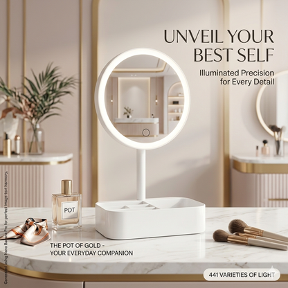 Round LED Makeup Mirror with Organizer Tray – Touch Control Lighted Vanity Mirror with Dimmable Brightness – Modern Tabletop Cosmetic Storage Mirror for Bedroom & Dressing Table