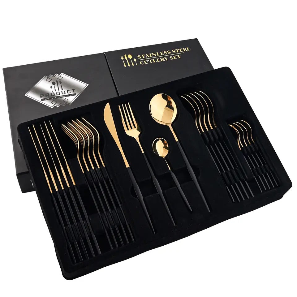24-Piece Golden-Black Matte Spoon Set – Round Shape
