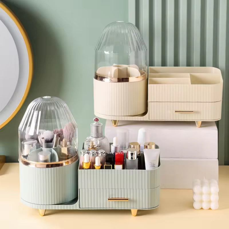 Premium Large-Capacity Cosmetic Organizer with Dustproof Makeup Brush Holder & Storage Drawer