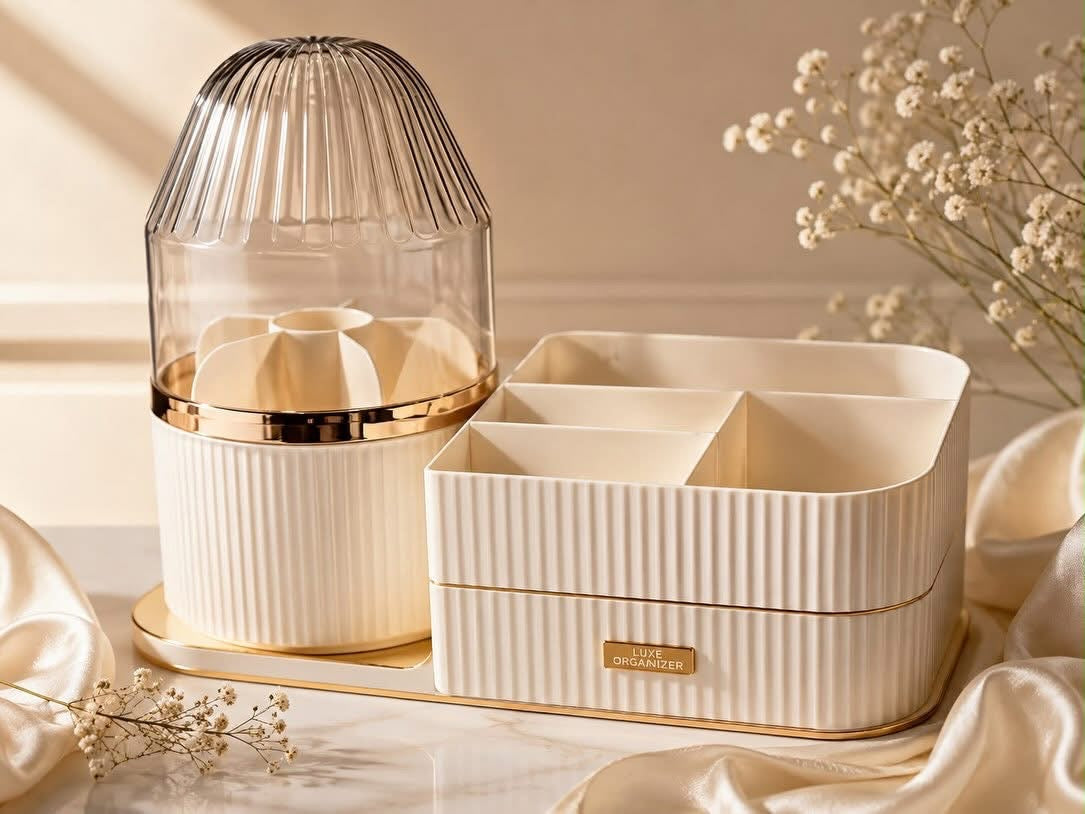 Premium Large-Capacity Cosmetic Organizer with Dustproof Makeup Brush Holder & Storage Drawer