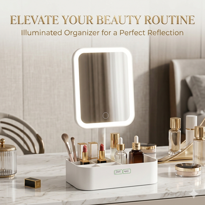 LED Makeup Mirror with Storage Organizer – Touch Control Lighted Vanity Mirror with Cosmetic Storage Box