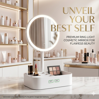 Round LED Makeup Mirror with Organizer Tray – Touch Control Lighted Vanity Mirror with Dimmable Brightness – Modern Tabletop Cosmetic Storage Mirror for Bedroom & Dressing Table